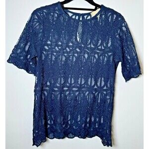 En Elle Anthropologie Top 4 Blue Embroidered Lace Sheer Boho Cottagecore USA